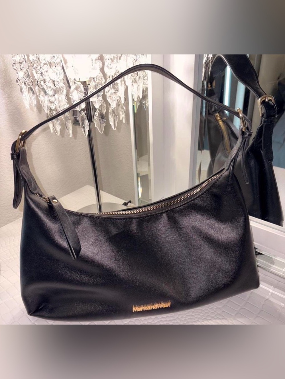 Montana West Black Hobo Shoulder Bag with Gold Logo